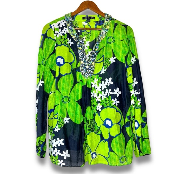 Lafayette 148 Neon Green Blue Mod Floral Print Beaded Neck Tunic Top Size 10 - Picture 1 of 12